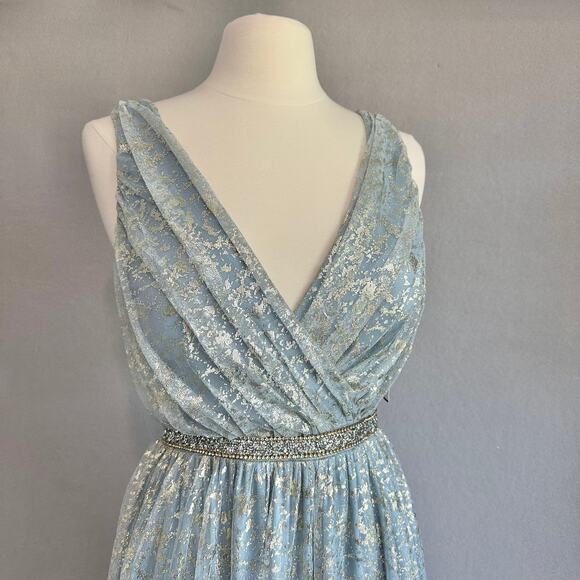 Teeze Me Metallic Foil Pleated V-Neck Gown From David's Bridal Light Blue Sz 5 - Picture 11 of 16